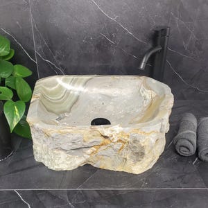 Light Green and Gray Onyx Stone Vessel Bathroom Sink, 16 x 14 inch Above Counter Stone Basin, Rustic Home Finish