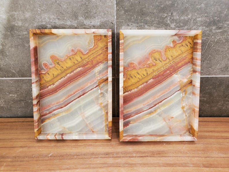 Banded Onyx Stone Bathroom Accessory Tray. Rectangle Towel Tray. Upscale Luxury Design elements found at www.felipandgrace.com