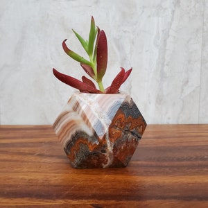 May include: A geometric, multi-colored stone planter with a succulent plant. The planter is made of layered stone in shades of brown, white, and gray. The succulent has red and green leaves. The planter is on a wooden surface.