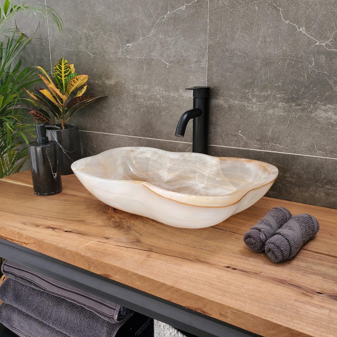 Hand-Carved Granite Vessel Sink – 20-Inch Natural Stone Above-Counter Bowl For Bathroom Vanity, Rustic Farmhouse Style