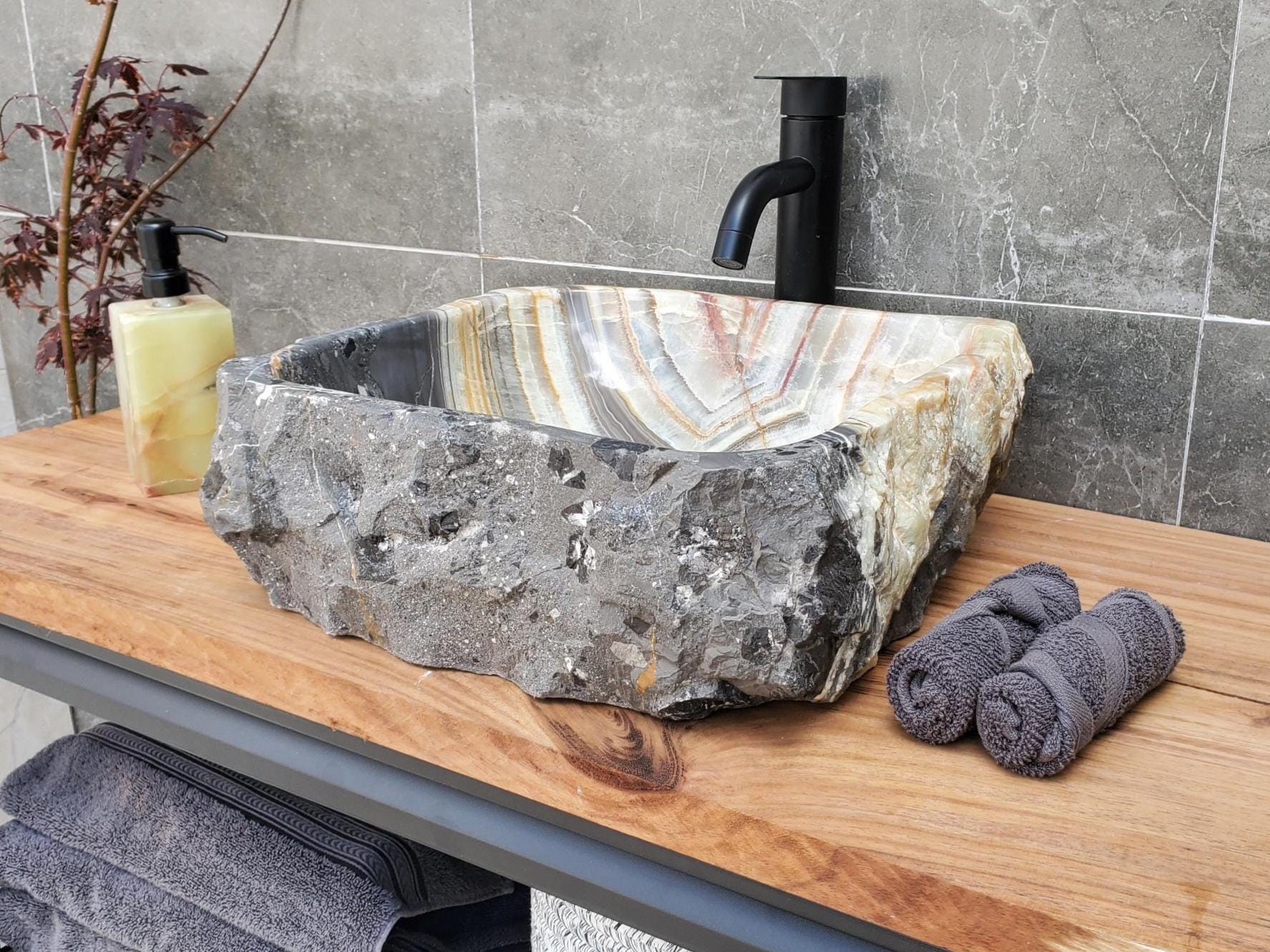 Green, Gray and Brown Banded Onyx Vessel Bathroom Sink, 15 X 15