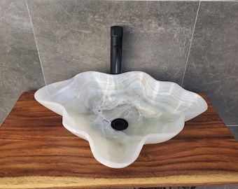 White, Gray and Green Onyx Bathroom Vessel Sink, 22 x 18 inch Polished Transparent Stone Basin, Contemporary Modern Bathroom Finish