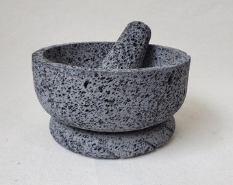 Round Molcajete 100% Lava Volcanic Stone, Mortar and Pestle Set, Authentic Mexican Kitchen