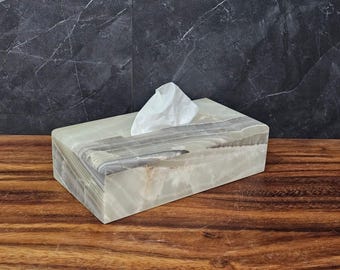 Tissue Box Cover Rectangular, Green and Umber Onyx Stone Tissue Box Holder, Napkin Facial Paper