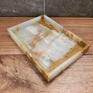 Banded Onyx Stone Bathroom Accessory Tray. Rectangle Towel Tray. Upscale Luxury Design elements found at www.felipandgrace.com