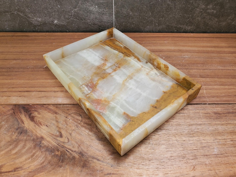 Banded Onyx Stone Bathroom Accessory Tray. Rectangle Towel Tray. Upscale Luxury Design elements found at www.felipandgrace.com