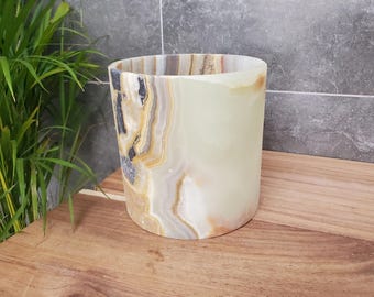 Grönbandad onyxsten papperskorg, papperskorg, skräpbehållare, rund cylinder, 8 tum