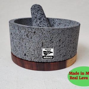 Authentic Molcajete 8&quot; with Wood Base Lava Volcanic Stone, Pestle and Mortar Set