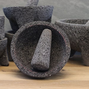 Perfect for salsas, guacamole, meats, barbecues, seafood, appetizer, etc. These bowl & pestle molcajetes are a must have for your parties, family dinners,  restaurant, or formal special occasions. Black/dark grey lava rock