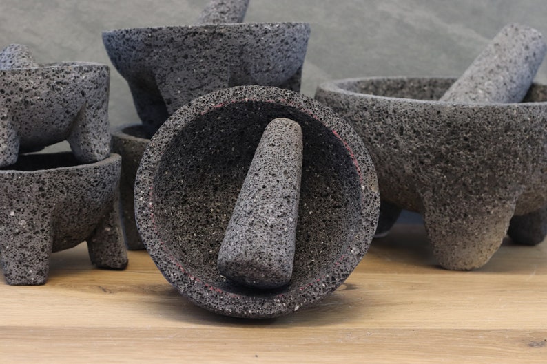 Perfect for salsas, guacamole, meats, barbecues, seafood, appetizer, etc. These bowl & pestle molcajetes are a must have for your parties, family dinners,  restaurant, or formal special occasions. Black/dark grey lava rock