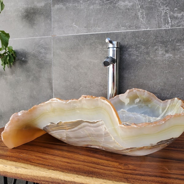 Gray Brown and Green Onyx Bathroom Vessel Sink, 17.5 x 14 inch Polished Rustic Stone Basin, Contemporary Modern Bathroom Finish