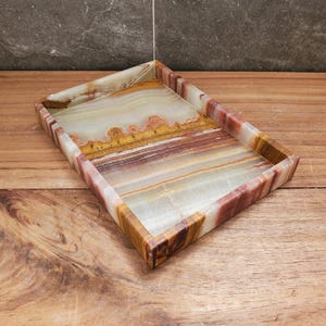 Banded Onyx Stone Bathroom Accessory Tray. Rectangle Towel Tray. Upscale Luxury Design elements found at www.felipandgrace.com