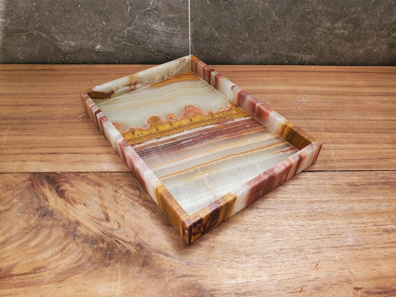 Banded Onyx Stone Bathroom Accessory Tray. Rectangle Towel Tray. Upscale Luxury Design elements found at www.felipandgrace.com