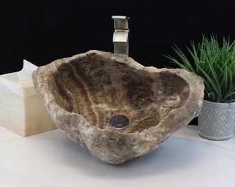 Stone Vessel Bathroom Sink, 20 x 13 inch Onyx Handmade Basin, Tan and Brown Luxury Stone Bathroom Finish