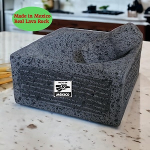 Square Molcajete 100% Lava Stone, Mortar and Pestle, Mexican Kitchen Tool, 7 inch Length