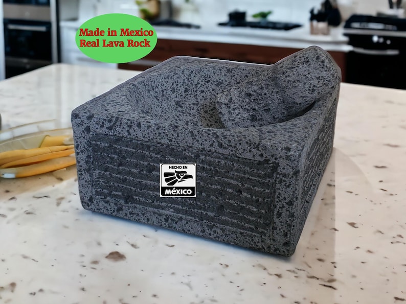 Molcajete cuadrado de piedra volcánica 100%, mortero y maja, herramienta de cocina mexicana, 7 pulgadas de largo imagen 1