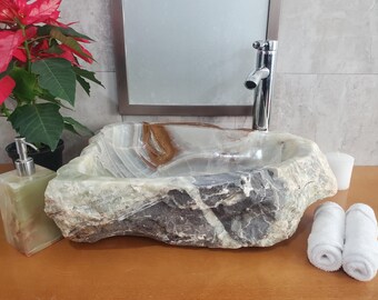 Green and Brown Onyx Vessel Bathroom Sink, 19 x 16 inch Above Counter Stone Sink, Rustic Home Finish