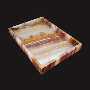 Banded Onyx Stone Bathroom Accessory Tray. Rectangle Towel Tray. Upscale Luxury Design elements found at www.felipandgrace.com
