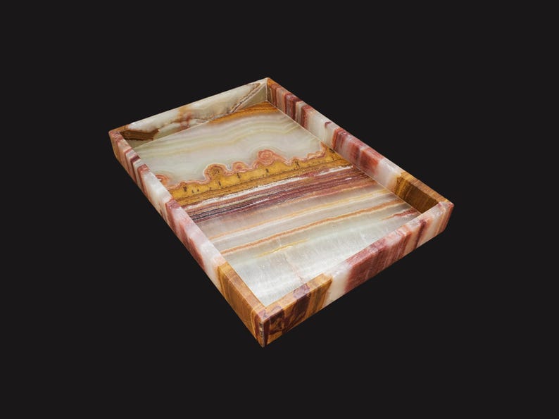Banded Onyx Stone Bathroom Accessory Tray. Rectangle Towel Tray. Upscale Luxury Design elements found at www.felipandgrace.com