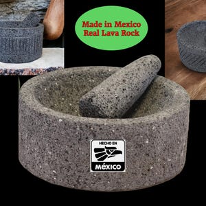 8&quot; Flat Bottom Molcajete 100% Lava Volcanic Stone, Mortar and Pestle Set, Authentic Mexican Kitchen