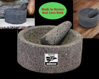 8&quot; Flat Bottom Molcajete 100% Lava Volcanic Stone, Mortar and Pestle Set, Authentic Mexican Kitchen