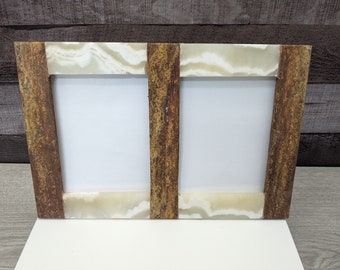 Onyx and Travertine Double Photo Frame, Stone Artwork Holder, Picture Display