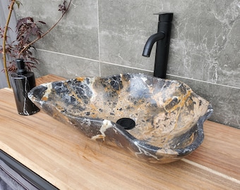 Slate Black and Brown Umber Onyx Vessel Bathroom Sink, 19 x 14 inch Above Counter Stone Sink, Rustic Home Finish