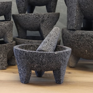 Perfect for salsas, guacamole, meats, barbecues, seafood, appetizer, etc. These bowl & pestle molcajetes are a must have for your parties, family dinners,  restaurant, or formal special occasions. Black/dark grey lava rock