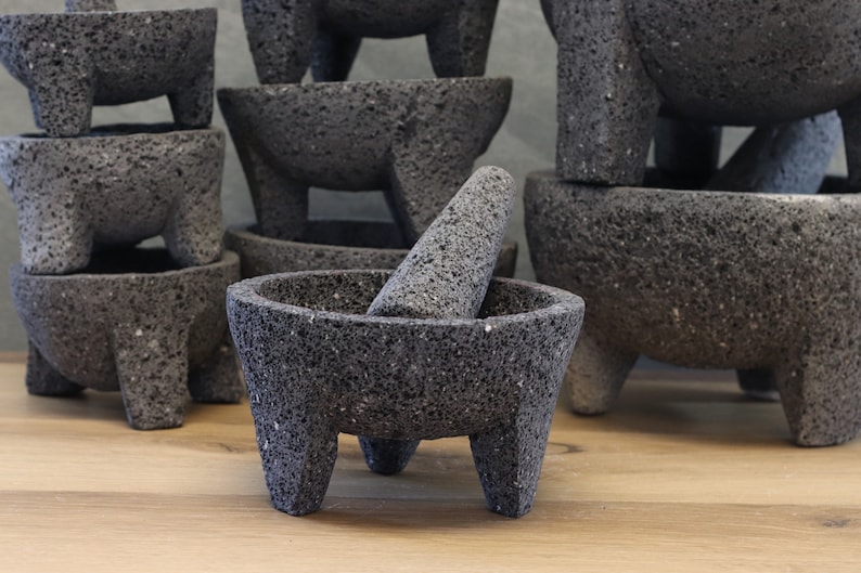 Perfect for salsas, guacamole, meats, barbecues, seafood, appetizer, etc. These bowl & pestle molcajetes are a must have for your parties, family dinners,  restaurant, or formal special occasions. Black/dark grey lava rock