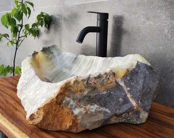 Green Onyx Stone Vessel Bathroom Sink, 22 x 13 inch Above Counter Stone Basin, Rustic Finish