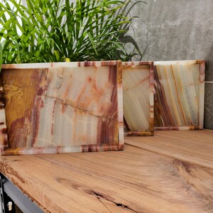 Banded Onyx Stone Bathroom Accessory Tray. Rectangle Towel Tray. Upscale Luxury Design elements found at www.felipandgrace.com