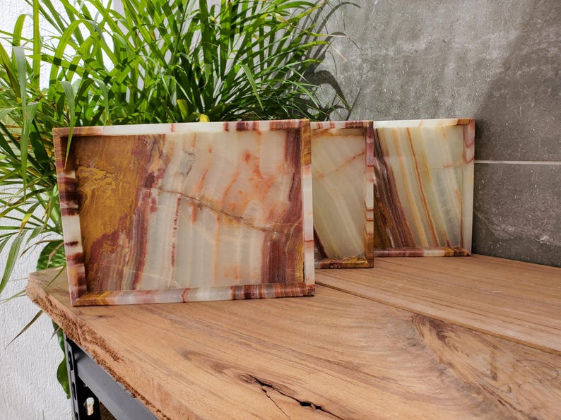 Banded Onyx Stone Bathroom Accessory Tray. Rectangle Towel Tray. Upscale Luxury Design elements found at www.felipandgrace.com
