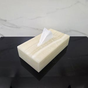 Może przedstawiać: Prostokątny pojemnik na chusteczki wykonany z jasnego kamienia, z białym chusteczką wystającą z góry. Kamień ma naturalny, żyłkowany wzór. Pudełko umieszczone jest na czarnej powierzchni.