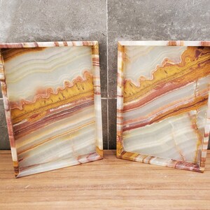 Banded Onyx Stone Bathroom Accessory Tray. Rectangle Towel Tray. Upscale Luxury Design elements found at www.felipandgrace.com
