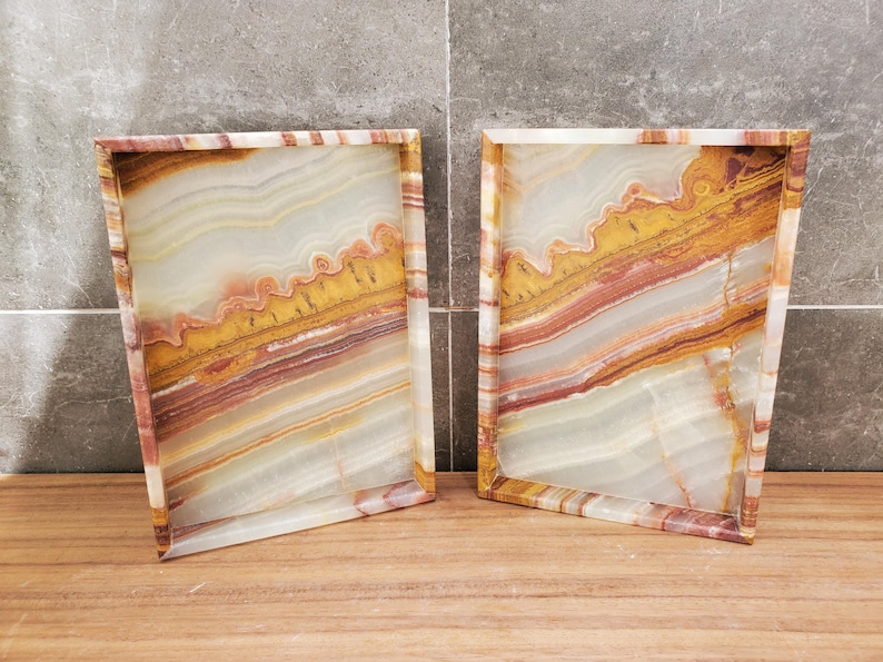 Banded Onyx Stone Bathroom Accessory Tray. Rectangle Towel Tray. Upscale Luxury Design elements found at www.felipandgrace.com