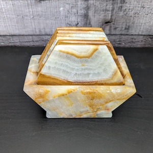 Light Green and Brown Onyx Hexagon Coasters, Stone Set of 6 with Holder, 4.5 inch