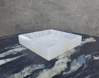 White Onyx Stone Tray Organizer, Small Jewelry Holder, 6 inch Towel Tray, Square
