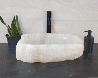 Natural Stone Vessel Bathroom Sink, 20 x 14.5 inch White Onyx Handmade Sink Basin, Above Counter Sinks, Transparent Stone
