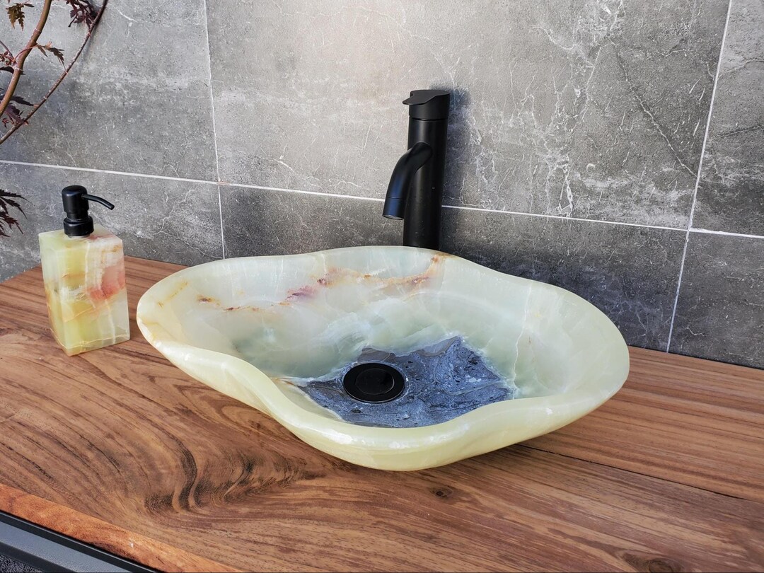 Wavy Green and Gray Onyx Stone Vessel Bathroom Sink, 18.5 X 14 Inch ...