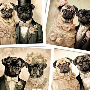 Vintage Style Pugs Wedding Day Couple, Victorian Inspired Bride And Groom Images For Junk Journals Scrapbooking Cards Crafts, Commercial Use