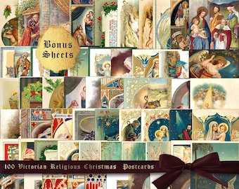 May include: A collage of 100 vintage Christmas postcards featuring religious imagery. The postcards depict scenes from the Nativity, angels, and other Christian symbols. The postcards are in various colors and styles, and some have gold accents. The text on the postcards includes greetings such as "Joyful Christmas" and "Merry Christmas".