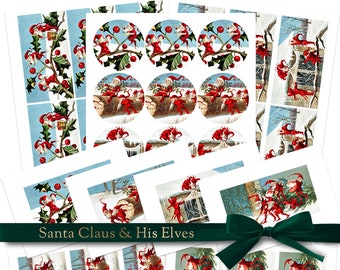 Santa & Elves Victorian Christmas Card Images Instant Digital Download Plus FREE Gift