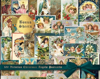 100 Victorian Christmas Angel Cards • Authentic Antique Ephemera • Instant Digital Download Plus 10 Christmas Tags Collage Sheets BONUS GIFT