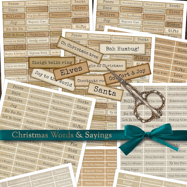 Christmas Words Phrases & Sentiments on old paper•  Digital Download Collage Sheet • Antique Scrap Ephemera • Junk Journals • BONUS GIFT