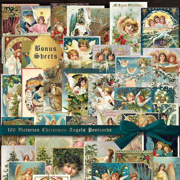 100 Victorian Christmas Angel Cards • Authentic Antique Ephemera • Instant Digital Download Plus 10 Christmas Tags Collage Sheets BONUS GIFT