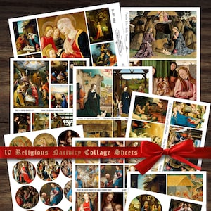 10 Religious Holy Family Nativity Scene Collage Sheets of Biblical Painted Art • Antique Christmas Ephemera Images • Commercial Use • POD