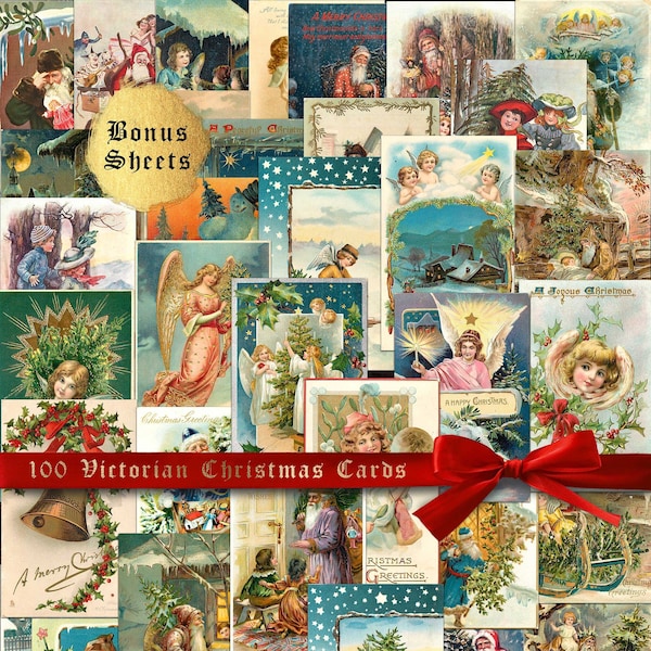 100 Victorian Christmas Card Images • Authentic Antique Ephemera • Instant Digital Download Plus 10 Christmas Tags Collage Sheets BONUS GIFT