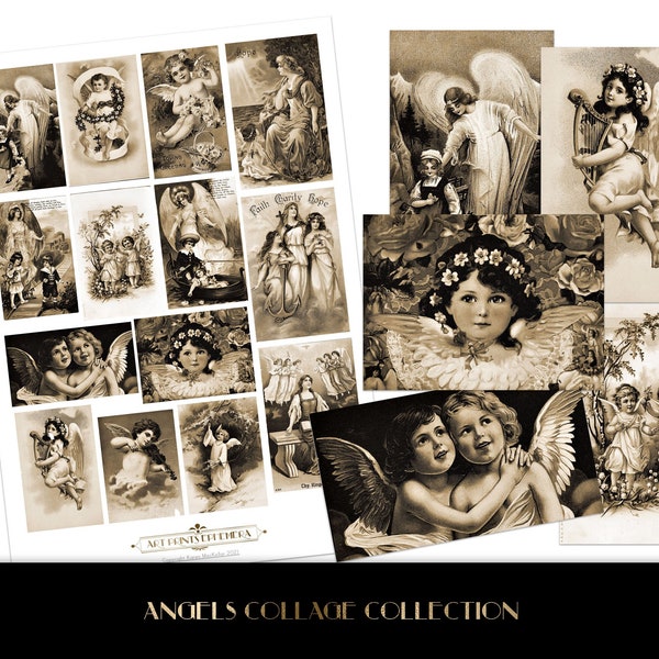 Vintage Angels Sepia Tones Digital Download Collage Sheet • Antique Scrap Ephemera • Junk Journals • Commercial Use • Plus FREE Gift BONUS