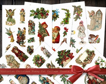 May include: A set of vintage Victorian Christmas fussy cut collage sheets featuring images of angels, Santa Claus, children, birds, holly, and other festive elements. The sheets are printed on white paper and are perfect for scrapbooking, card making, and other craft projects.