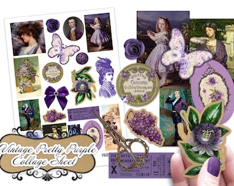 May include: A collage sheet with a vintage aesthetic featuring images of flowers, butterflies, people, and text. The sheet is decorated with purple, green, and gold accents. The text on the sheet reads "Violettes de Cannes Victor Gaissier Paris".